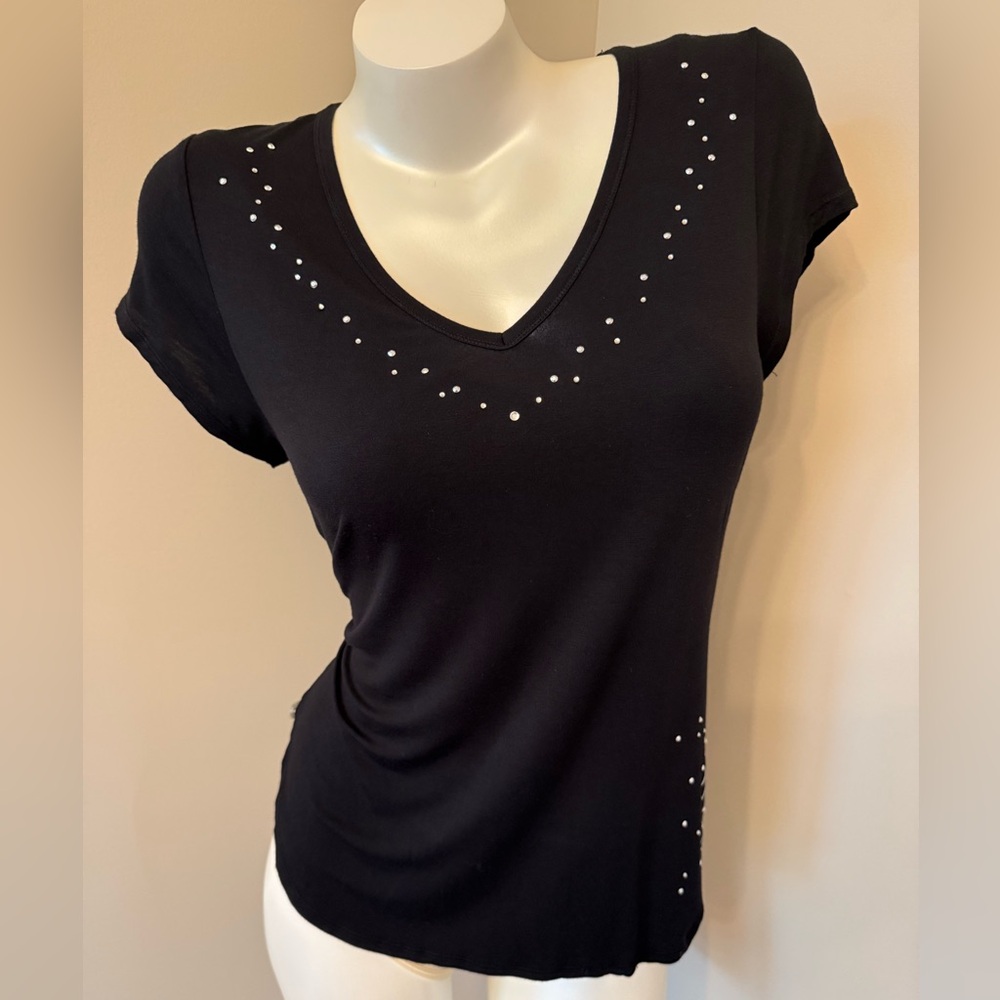 Betsey Johnson Black V-Neck Short Sleeve Tee with Silver Stud Detailing